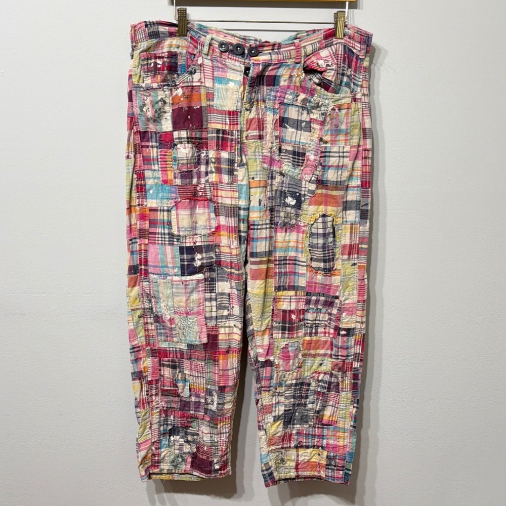Magnolia Pearl Plaid Patchwork Distressed Cotton Pant Multi-Color Boho Lagenlook